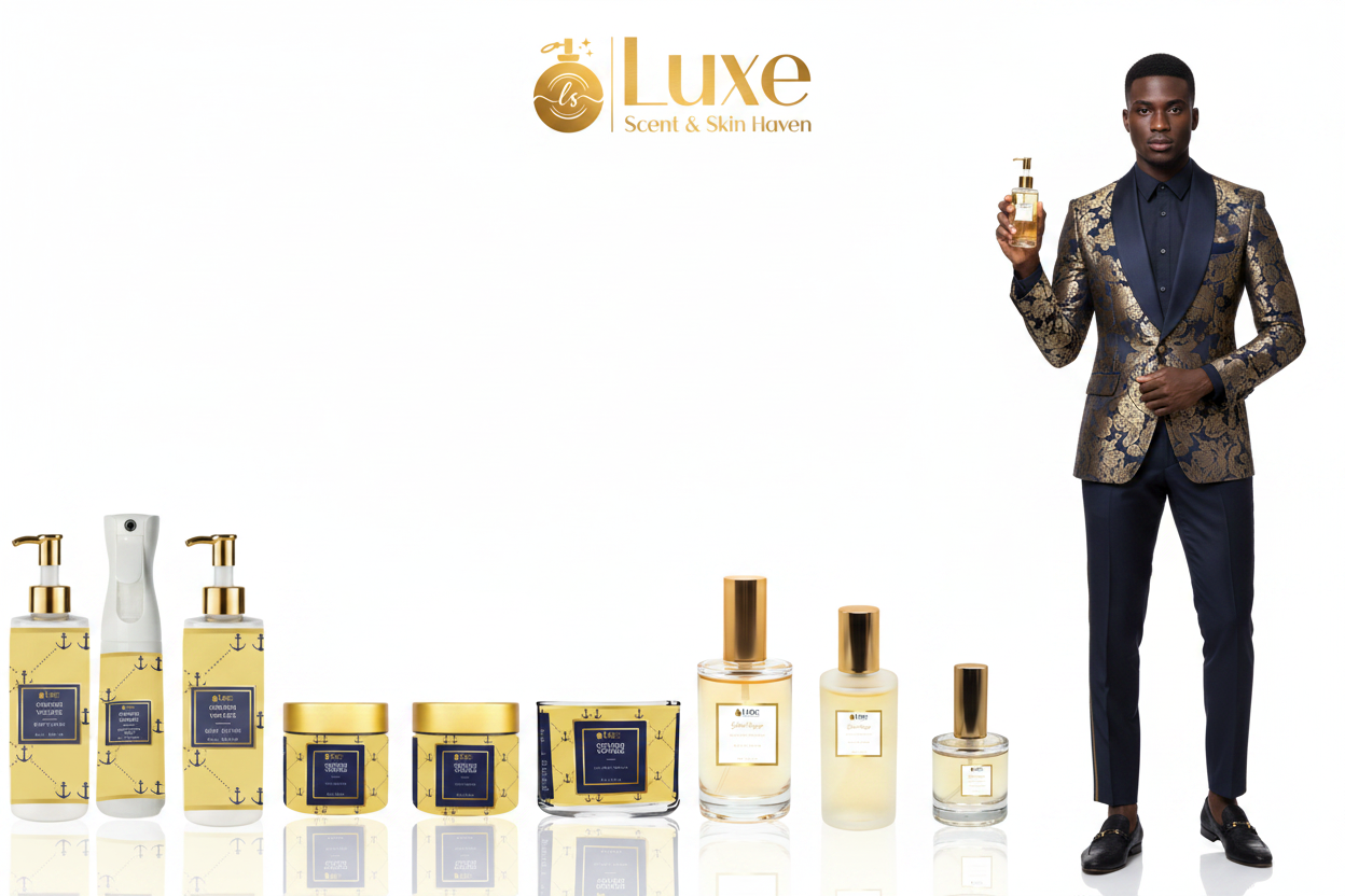 Golden Voyage — 9-Piece Lineup, Black Male Model Navy Blue Gold Suit Right